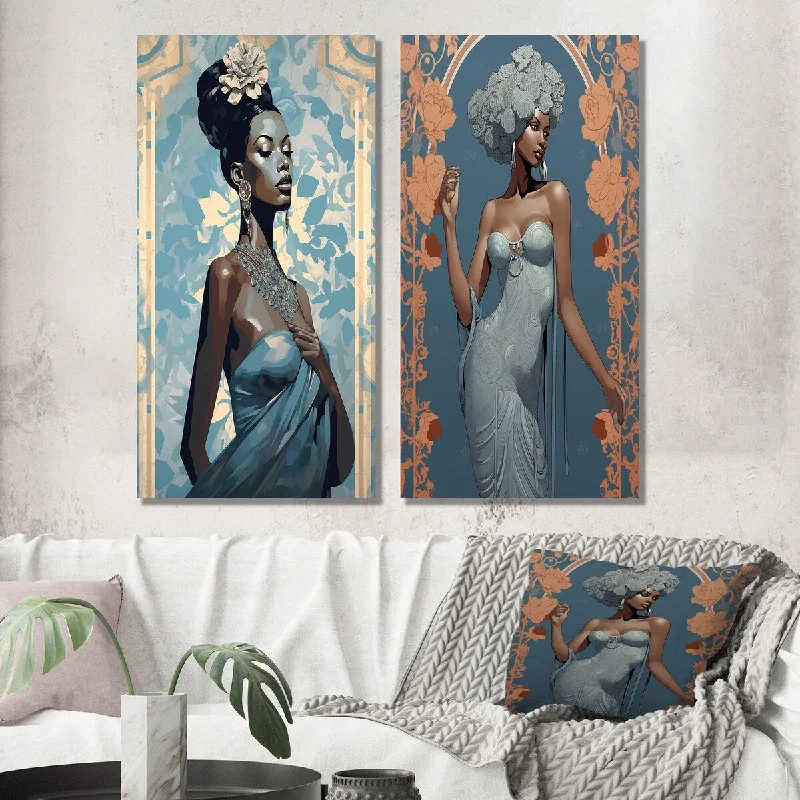 Designart "Elegant Blue Fashion African Goddess Grace I" Woman Wall Art Set of 2 - Glam Wall Art For Bedroom