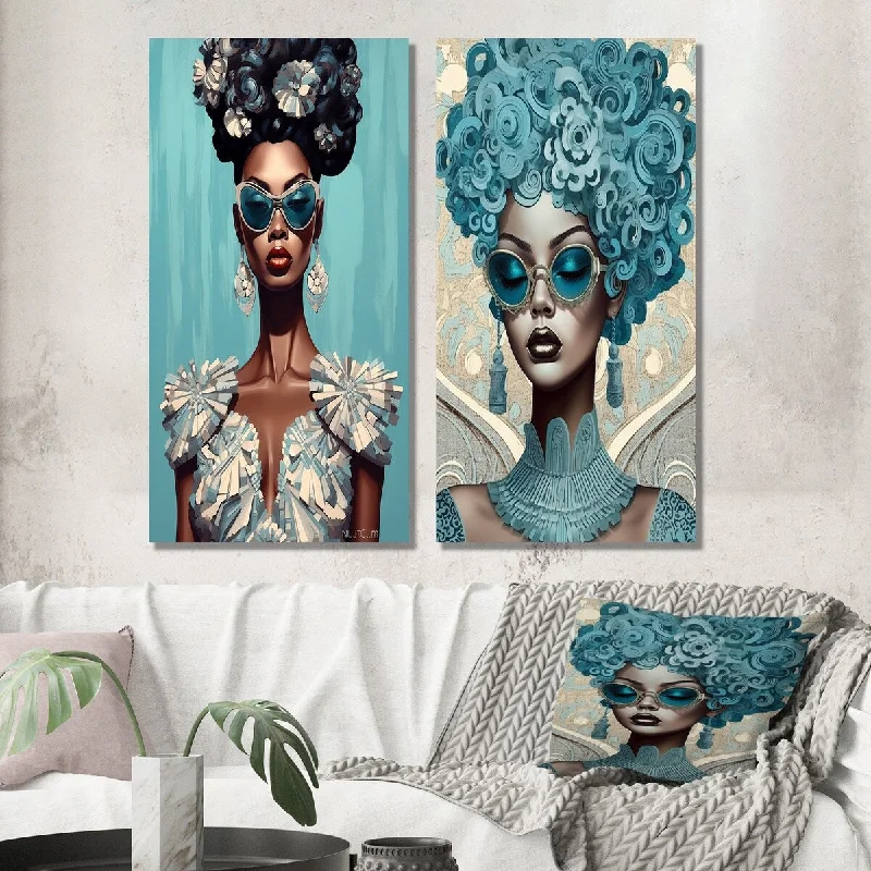 Designart "Elegant Blue Retro Fashion African Vogue Goddess I" Woman Wall Set of 2 - Glam Gallery Set For Office Decor