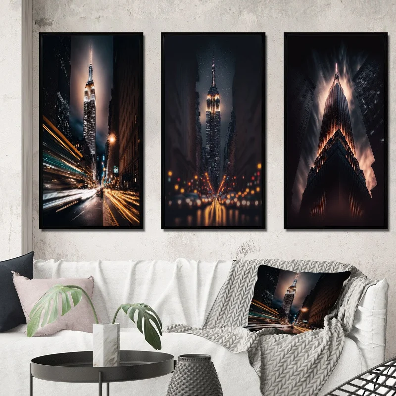 Designart "Empire State Building Tilt Shift In The Night Lights I" City New York Gallery Wall Set Of 3 For Home Decor