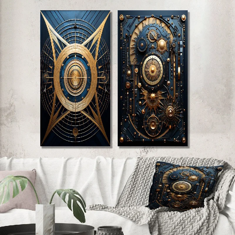 Designart "Esoteric Knowing In Teal And Gold I" Modern Geometric Wall Art Set of 2 - Modern Gallery Set For Office Decor