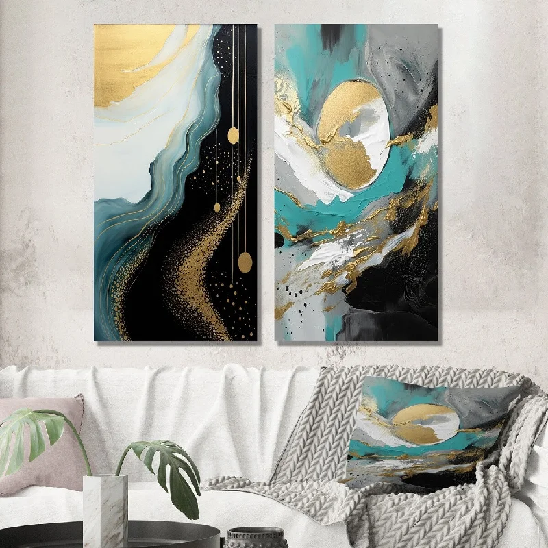 Designart "Essential Nature Abstract Gold And Black I" Abstract Painting Wall Art Set of 2 Modern Wall Art For Bedroom