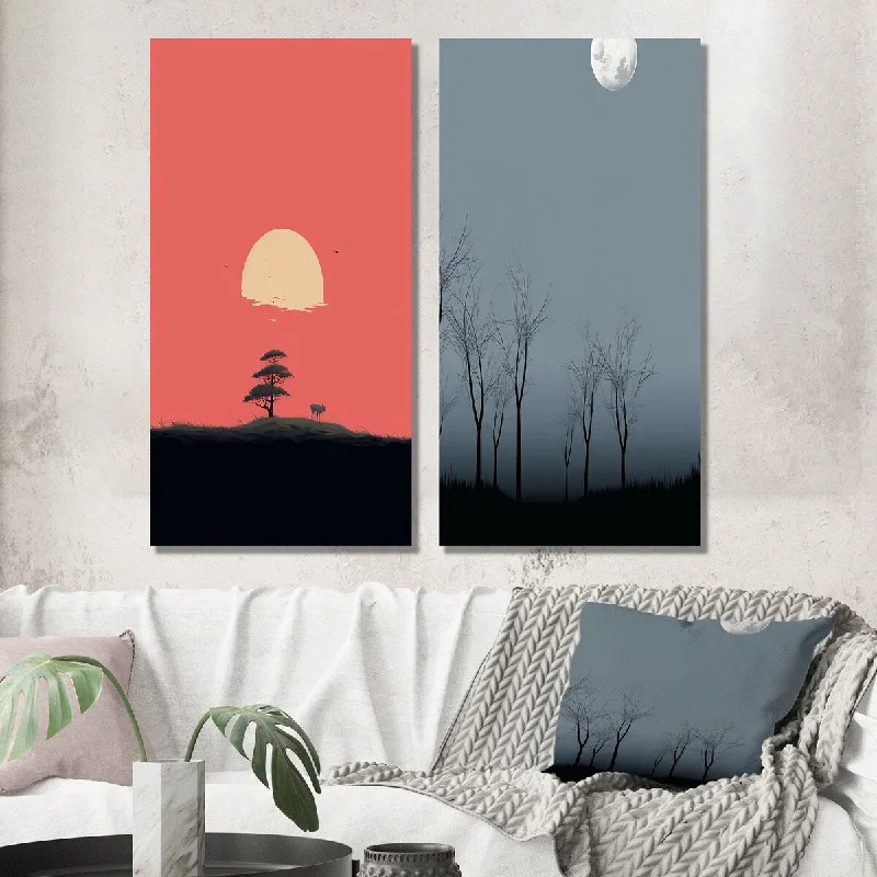 Designart "Full Moon Mimimalism With Distant Trees I" Flowers Wall Art Set of 2 - Traditional Wall Art For Bedroom