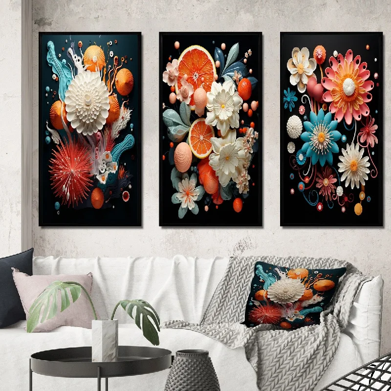 Designart "Funky Foliage Vibrant Flowers On Black II" Abstract Botanicals Frame Gallery Wall Set Of 3 For Home Decor