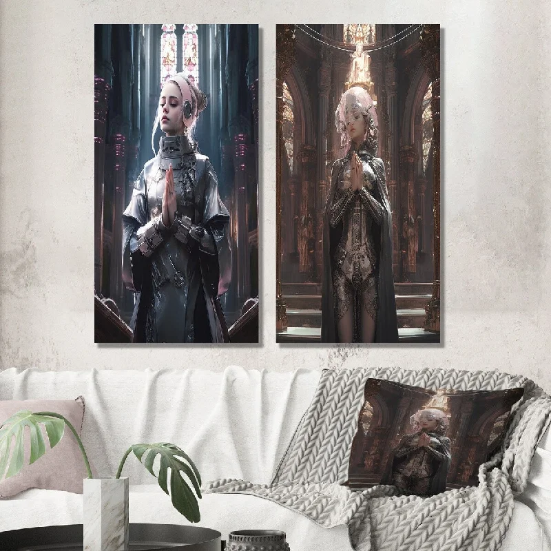 Designart "Futuristic Nun Praying In Cathedral III" Christianism Wall Art Set of 2 - Traditional Printed Wall Décor