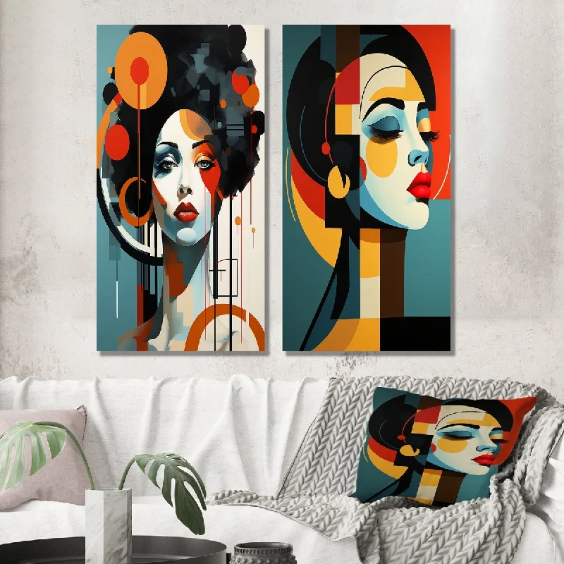 Designart "Geometric Art Deco Portrait Of Gracious Woman I" Fashion Woman Wall Art Set of 2 Glam Wall Art For Home Decor