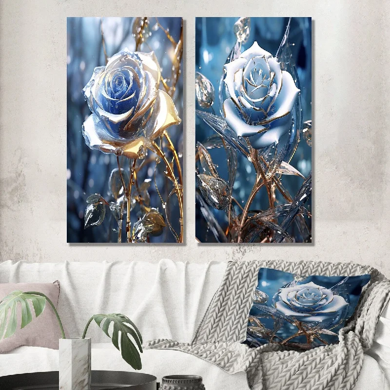 Designart "Gilded Blue Rose Shining In The Morning Light I" Rose Wall Art Set of 2 - Traditional Wall Art For Home Decor