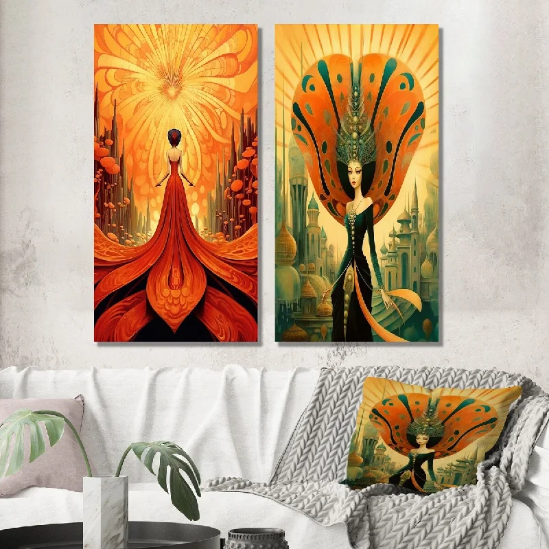 Designart "Goddess Dreams In Retro Colors II" Fashion Woman Wall Art Set of 2 - Glam Wall Art For Bedroom