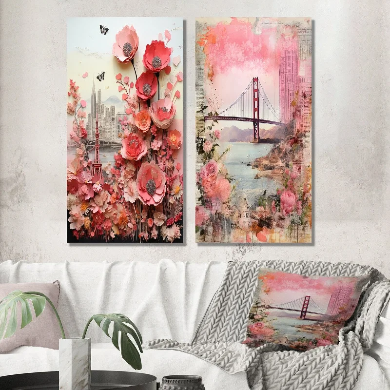 Designart "Golden Gate San Francisco Retro Pink Collage III" San Francisco Set of 2 - Industrial Wall Art For Bedroom