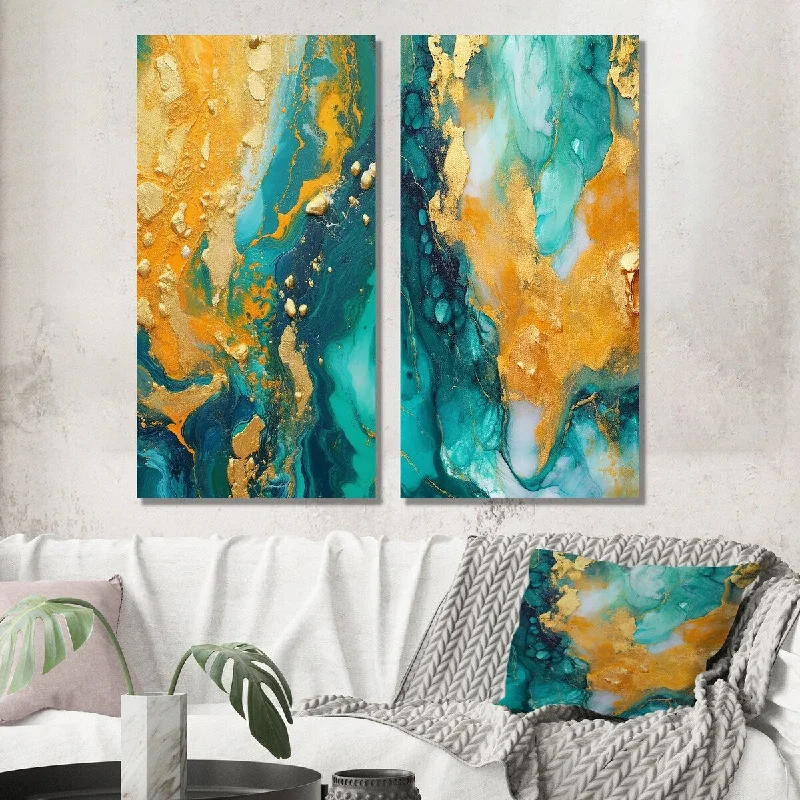 Designart "Golden Ocean Waves Turquoise Abstract V" Abstract Painting Wall Art Set of 2 - Modern For Office Decor