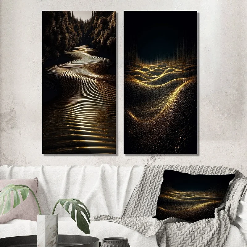 Designart "Golden Sunlight Reflected On Concentric Waves II" Abstract Set of 2 - Transitional Wall Art For Home Decor