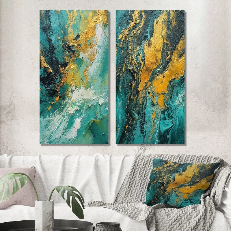 Designart "Golden Turquoise Waves Breaking Abstract I" Abstract Wall Art Set of 2 - Transitional For Office Decor