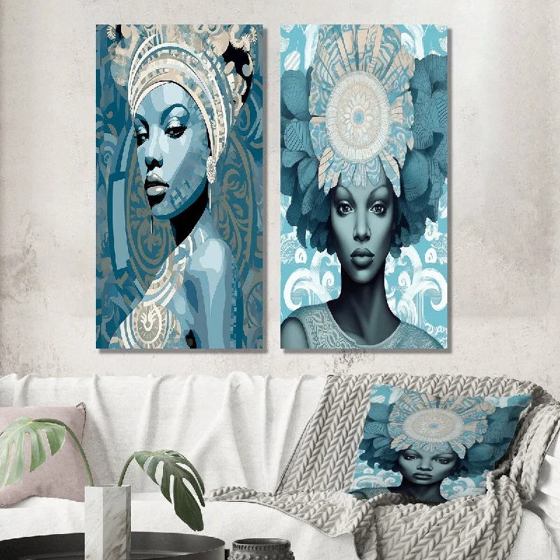 Designart "Gorgeous African American Retro Glam Beauty III" Woman Wall Art Set of 2 - Glam Wall Art For Home Decor