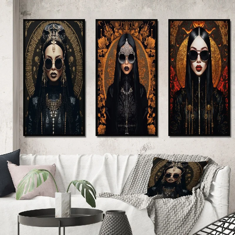 Designart "Gothic Glam Woman With Dark Sunglasses III" Fashion Woman Framed Wall Art Set Of 3 - Glam For Office Decor