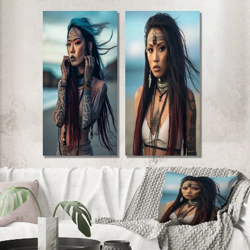 Designart "Gracious Asian Tribal Beach Girl II" Asian Woman Wall Art Set of 2 - Glam Wall Art For Bedroom