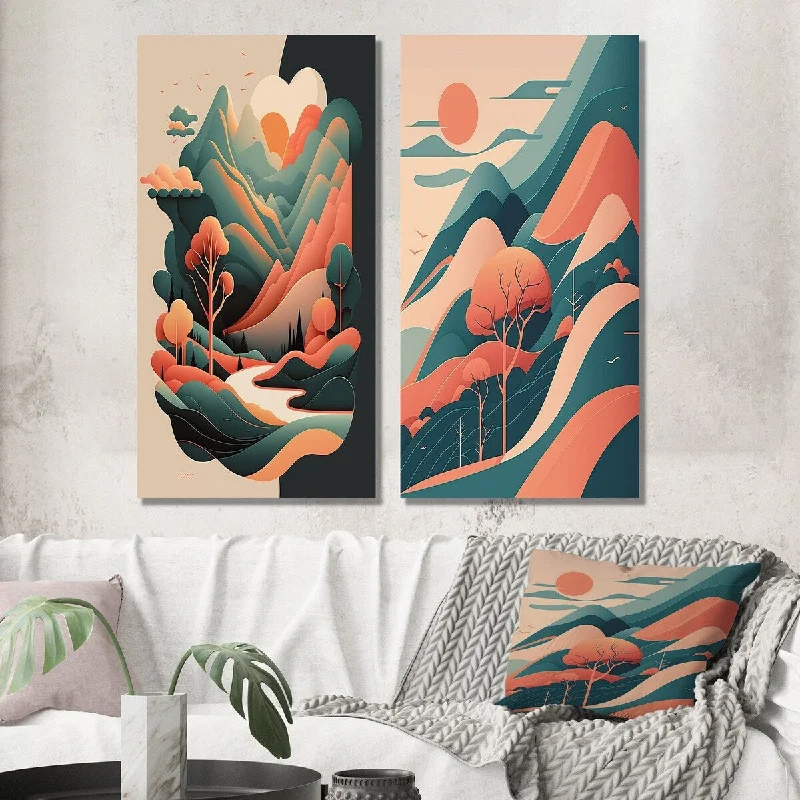 Designart "Graphic Retro Full Moon Mountainscape I" Abstract Landscape Wall Art Set of 2 Modern Wall Art For Home Decor