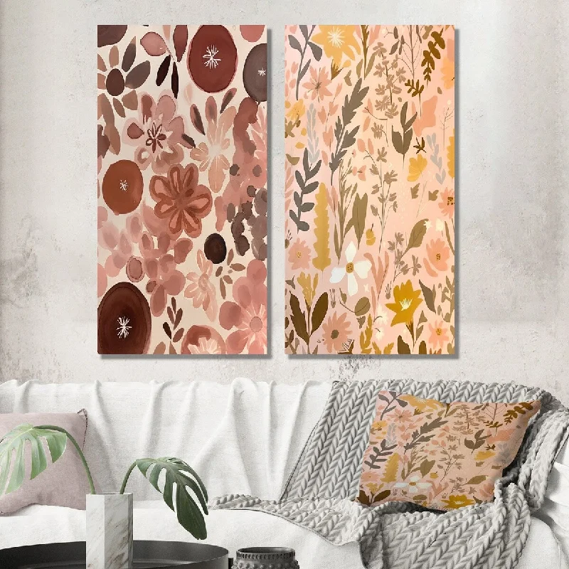 Designart "Graphic Wildflowers In Retro Pink Pastel I" Abstract Wall Art Set of 2 Modern Wall Art For Living Room Decor