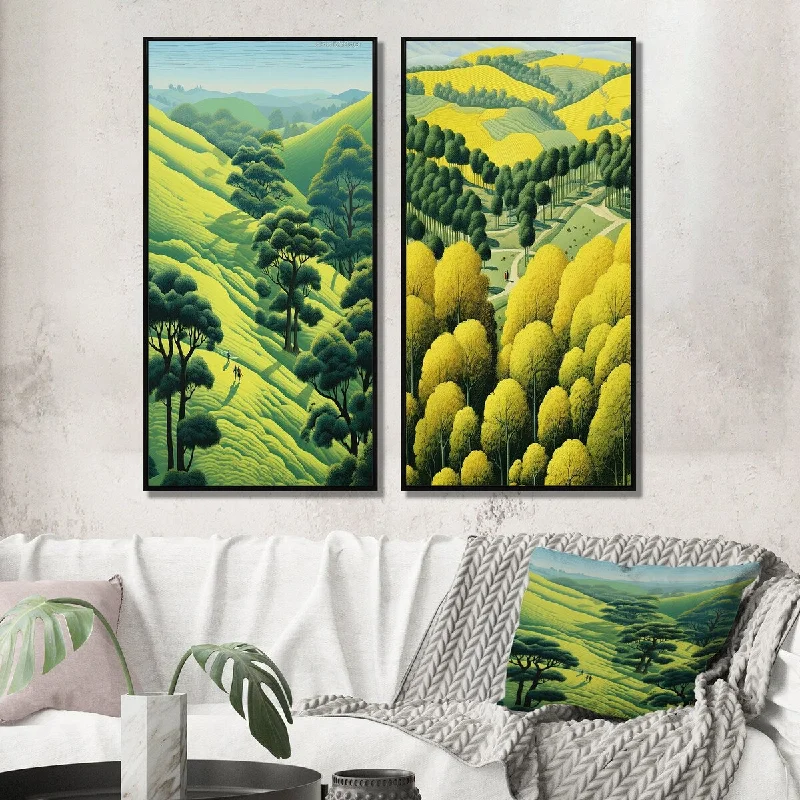 Designart "Green Vision Valley Majestic Mountain Forest VII" Meadow Framed Wall Art Set Of 2 Wall Art Set Of 2