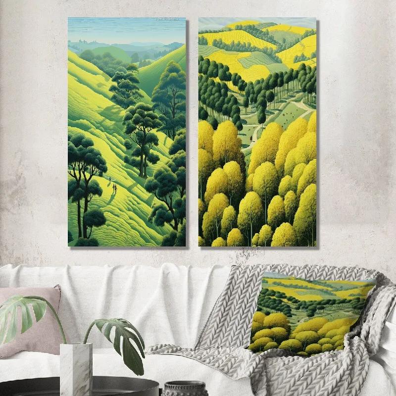 Designart "Green Vision Valley Majestic Mountain Forest VII" Meadow Wall Art Set of 2 Traditional Wall Art For Bedroom