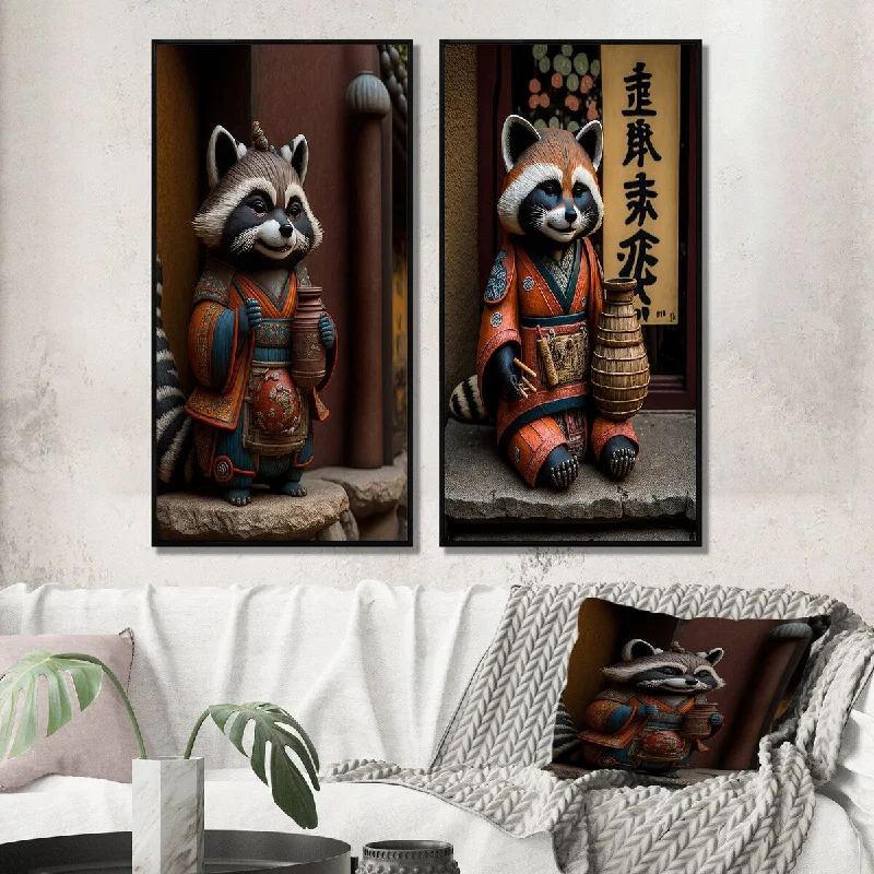 Designart "Happy Terracotta Tanuki I" Animals Raccoon Framed Wall Art For Bedroom - Children's Art Wall Art Set Of 2