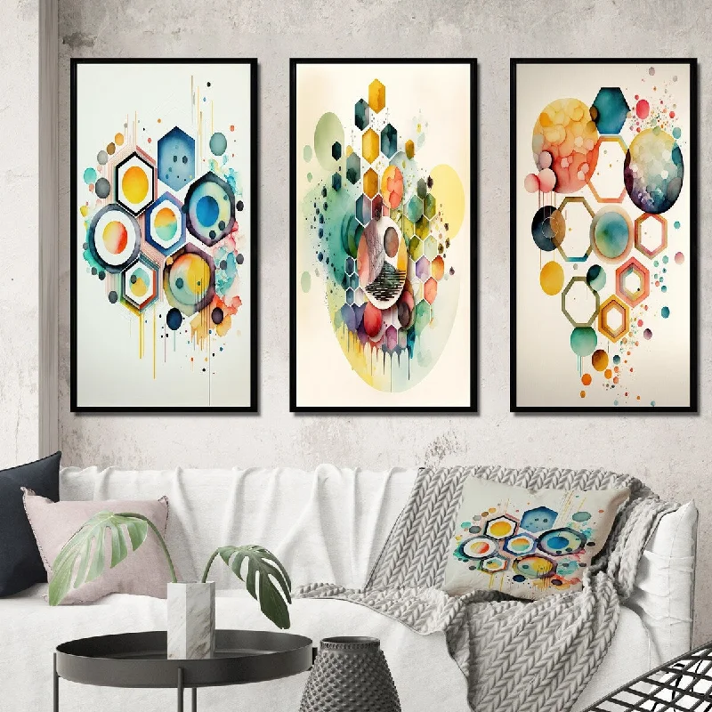 Designart "Hexagon And Circular Abstract III" Abstract Framed Wall Art Set Of 3 - Modern Gallery Set For Office Decor