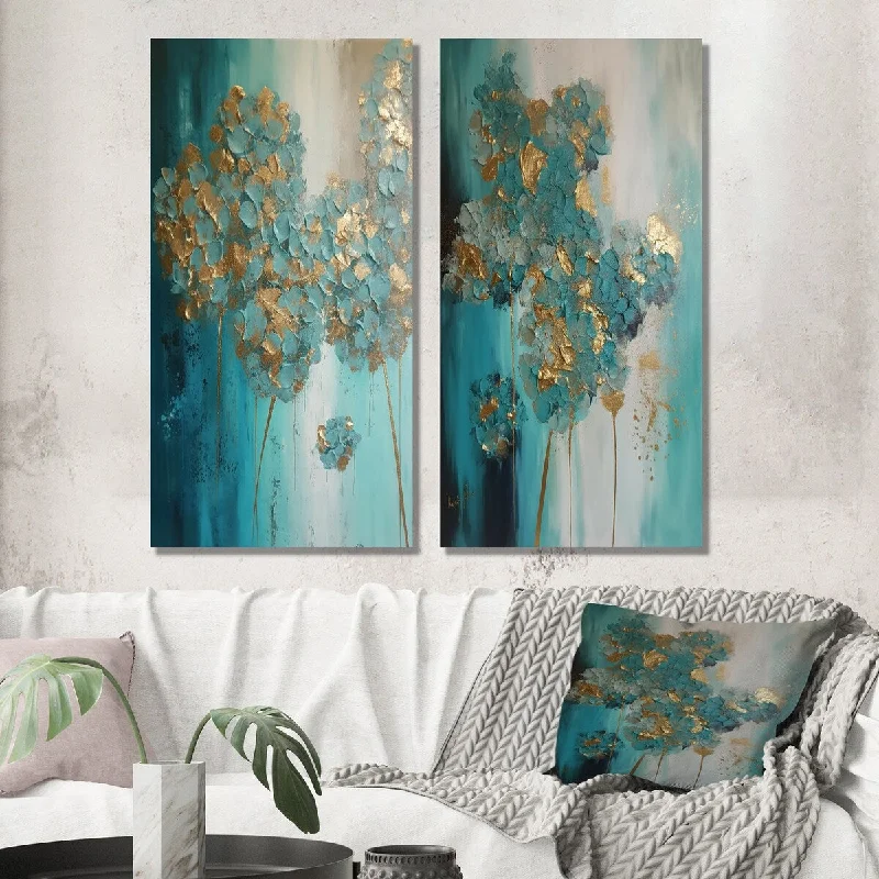 Designart "Hydrangea Flower Blossoming Gold Retro Teal Gold I" Hydrangea Set of 2 - Traditional Wall Art For Bedroom