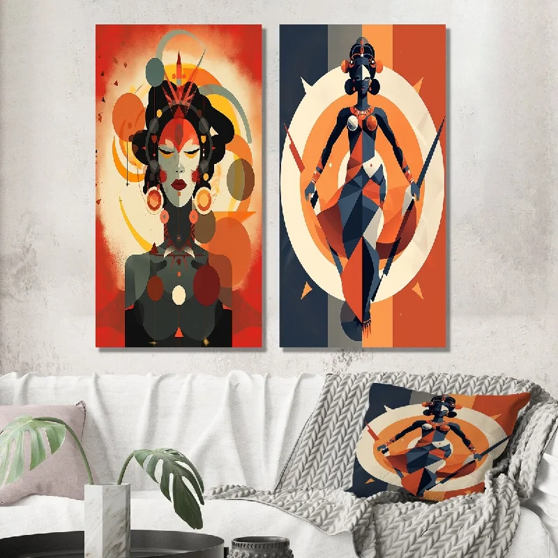 Designart "Kali Tantric Hindu Goddess Retro Illustration IV" Hinduisim Wall Art Set of 2 - Traditional Living Room Decor