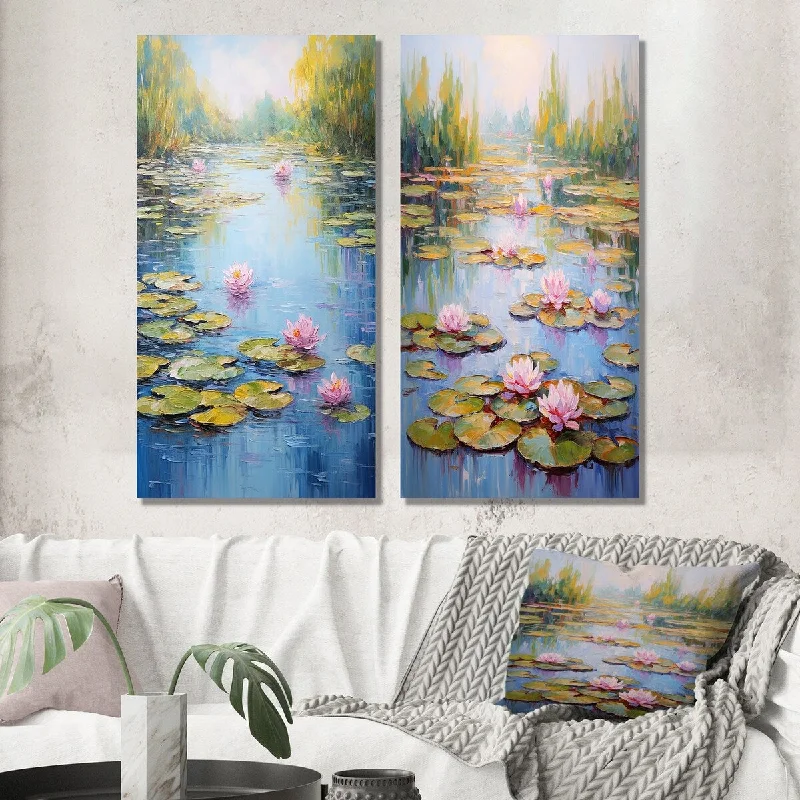 Designart "Lake Serenity Blossoming Pink Water Lilies III" Lakehouse Wall Set of 2 - Gallery Set For Living Room Decor