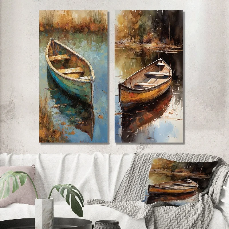 Designart "Lake Serenity Dinghy Boat Resting On The Water I" Lakehouse Set of 2 - Lake House Wall Art For Home Decor