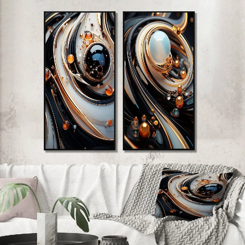 Designart "Liquid Art Gold Black And White Spheres I" Abstract Shapes Framed Wall Art For Bedroom Gallery Wall Set Of 2