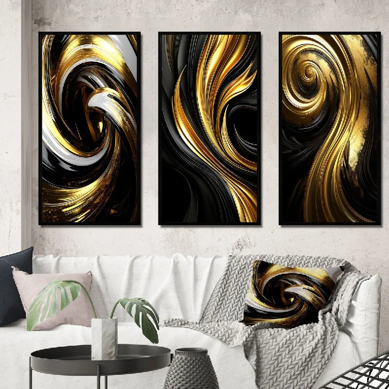 Designart "Liquid Gold Black White Abstract Minimal Spiral" Abstract Spirals Frame Gallery Set Of 3 For Office Decor