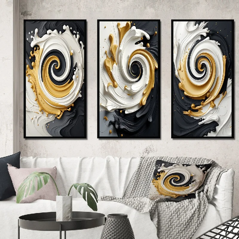 Designart "Liquid Gold Black & White Textured Spiral Magic II" Abstract Spirals Framed Wall Set Of 3 For Home Decor