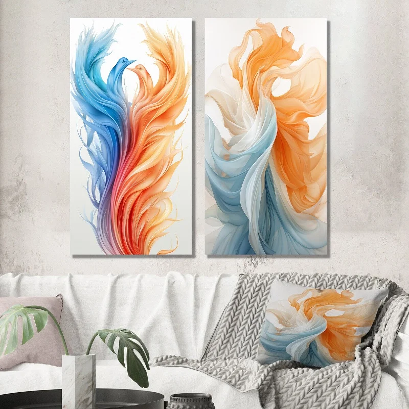 Designart "Liquid Purity Ink Wave Abstract BirdsRed And Blue" Abstract Wall Art Set of 2 - Modern Living Room Decor