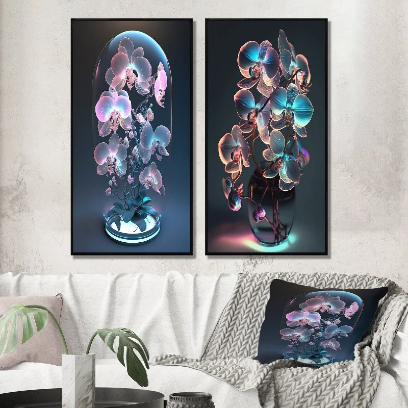 Designart "Luminous White Orchid With Purple Glow I" Floral Orchid Framed Gallery Wall Set For Home Decor