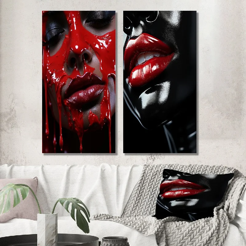 Designart "Luscious Sensuous Red Glam Woman Portrait I" Fashion Woman Wall Art Set of 2 - Glam Wall Art For Home Decor