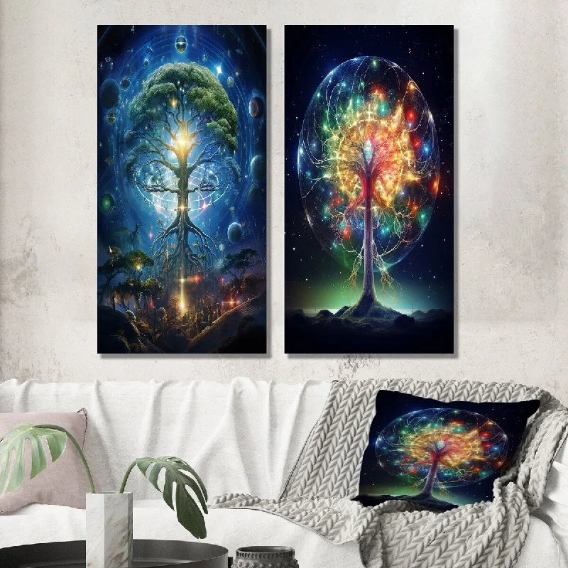 Designart "Magical Aura Of Atomic Tree Abstract Botanical II" Landscape Set of 2 - Traditional Wall Art For Home Decor