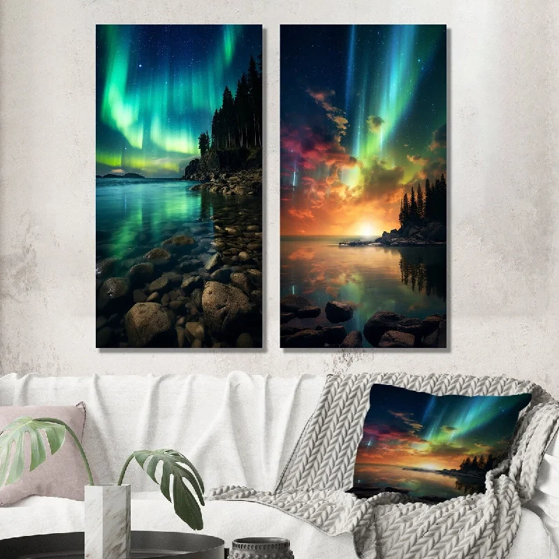 Designart "Magical Aurora Borealis Artic Lake Serenity VI" Northern Lights Wall Art Set of 2 Traditional For Home Decor