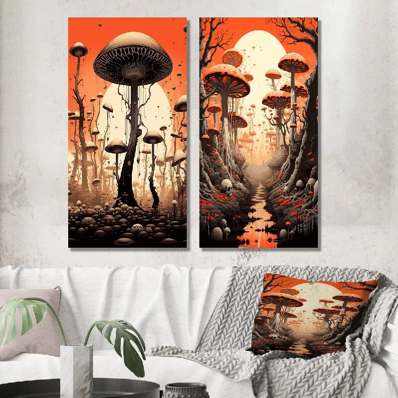 Designart "Magical Mushroom Vintage Landscape" Abstract Landscape Wall Art Set of 2 - Modern Wall Art For Bedroom