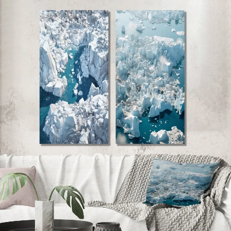 Designart "Majestic Aerial View Artic Rivers Icebergs" Glacier Wall Art Set of 2 - Country Wall Art For Home Decor