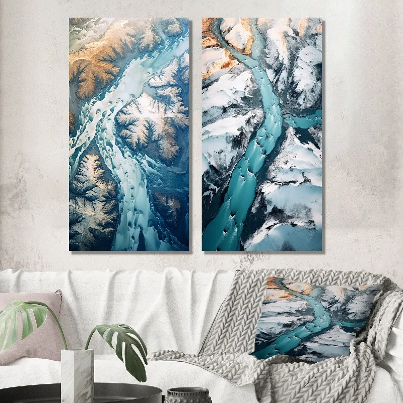 Designart "Majestic Aerial View Artic Rivers Icebergs II" Glacier Wall Art Set of 2 Country Gallery Set For Office Decor