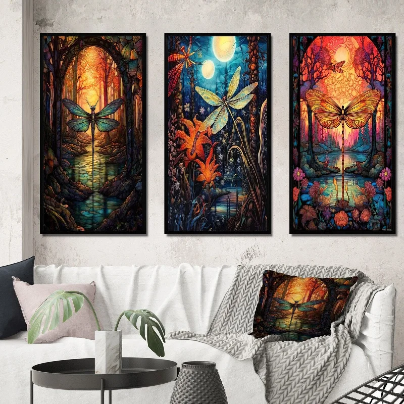 Designart "Majestic Dragonfly In Enchanted Forest III" Animals Dragonfly Frame Gallery Set Of 3 For Office Decor