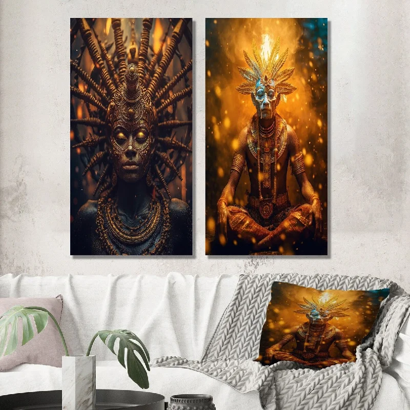 Designart "Majestic Glam Shaman Spiritual Wisdom III" Folk Religion Wall Art Set of 2 - Traditional Living Room Decor