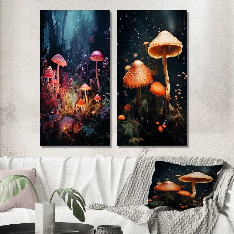 Designart "Midnight Magic In Enchanted Mushroom Forest III" Mushroom Wall Art Set of 2 Traditional For Living Room Decor