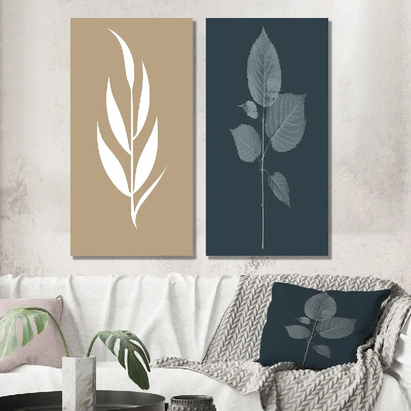 Designart "Minimal Botanicals Single Leaf On Beige" Flowers Wall Art Set of 2 - Traditional Wall Art For Home Decor