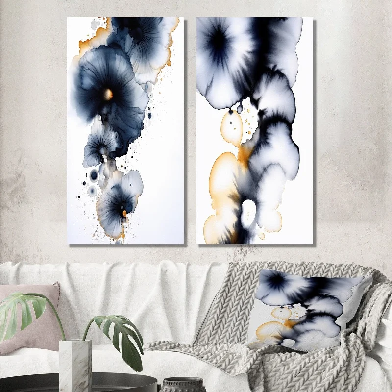 Designart "Momentary Spirit Abstract Deep Blue Ink IV" Abstract Painting Wall Art Set of 2 - Modern For Office Decor