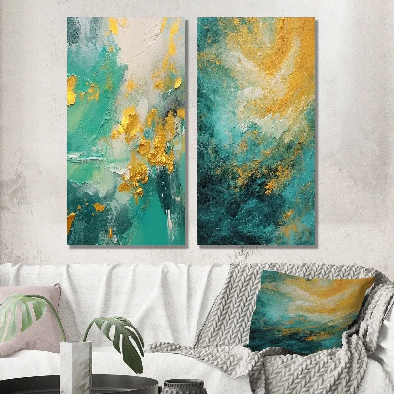 Designart "Morning Bliss Gold And Teal Marble Art Gold III" Abstract Wall Art Set of 2 - Modern Wall Art For Bedroom