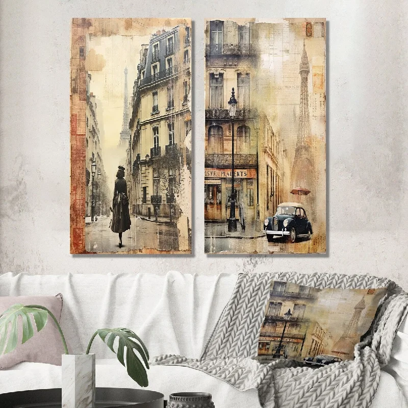 Designart "Paris Chronicles Vintage Collage I" City Paris Wall Art Set of 2 - Traditional Wall Art For Home Decor