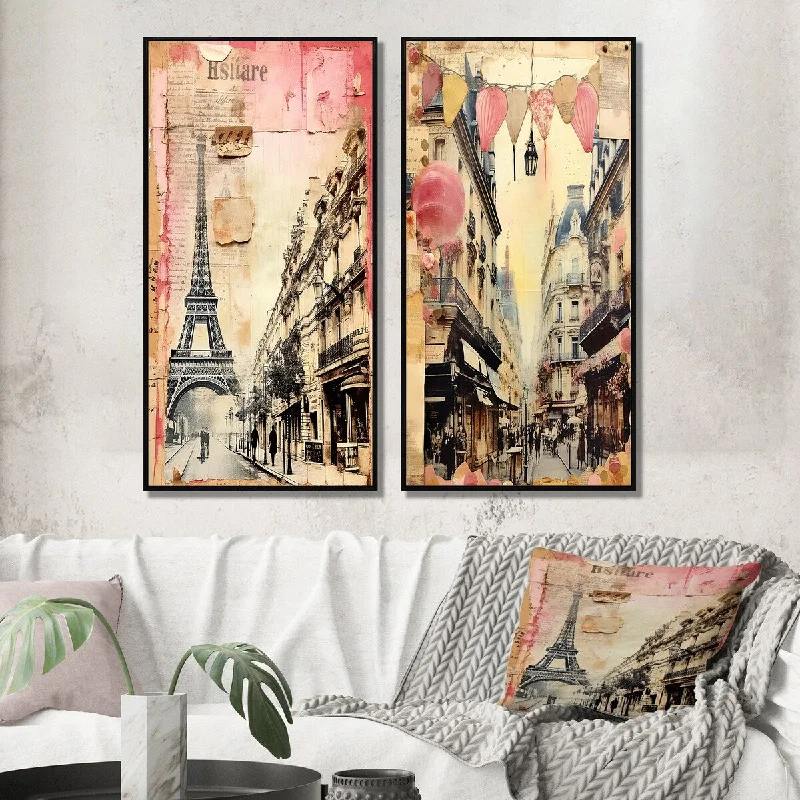 Designart "Paris Chronicles Vintage Collage III" City Paris Framed Wall Art Set Of 2 Canvas Set For Living Room Decor