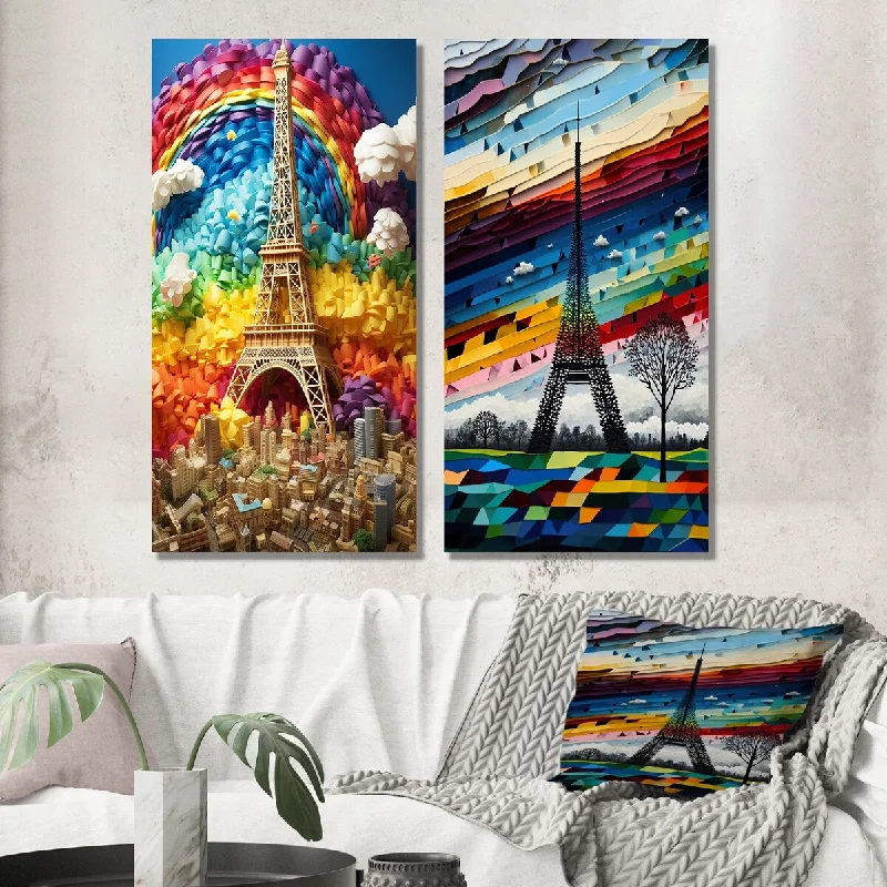 Designart "Paris In Spring Bloom Retro Rainbow Collage" City Paris Wall Art Set of 2 - Traditional For Living Room Decor