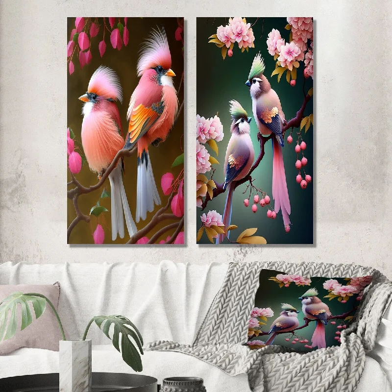 Designart "Pink Cardinal Birds On A Branch I" Animals Bird Wall Art Set of 2 - Children's Art Printed Wall Décor