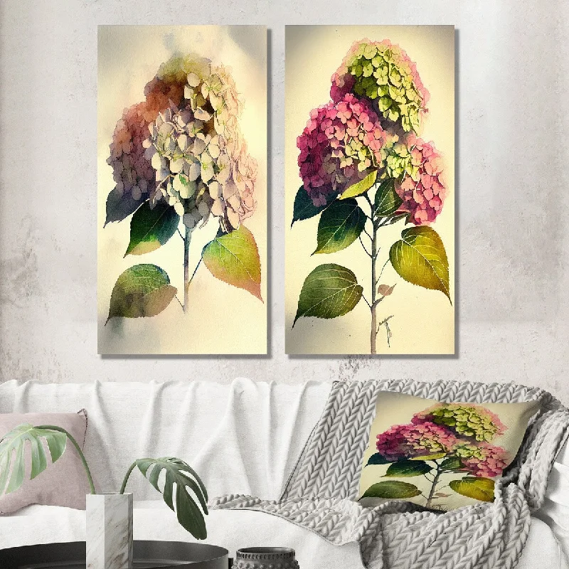 Designart "Pink Hydrangena I" Floral Wall Art Set of 2 - Traditional Wall Art For Home Decor